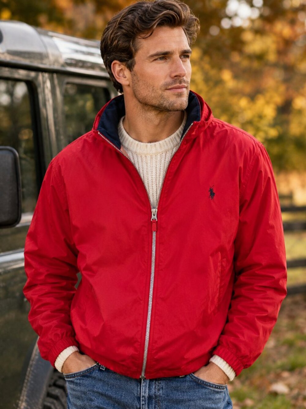 Mens XXL U.S. Polo Assn Red Hooded Windbreaker Jacket Full Zip